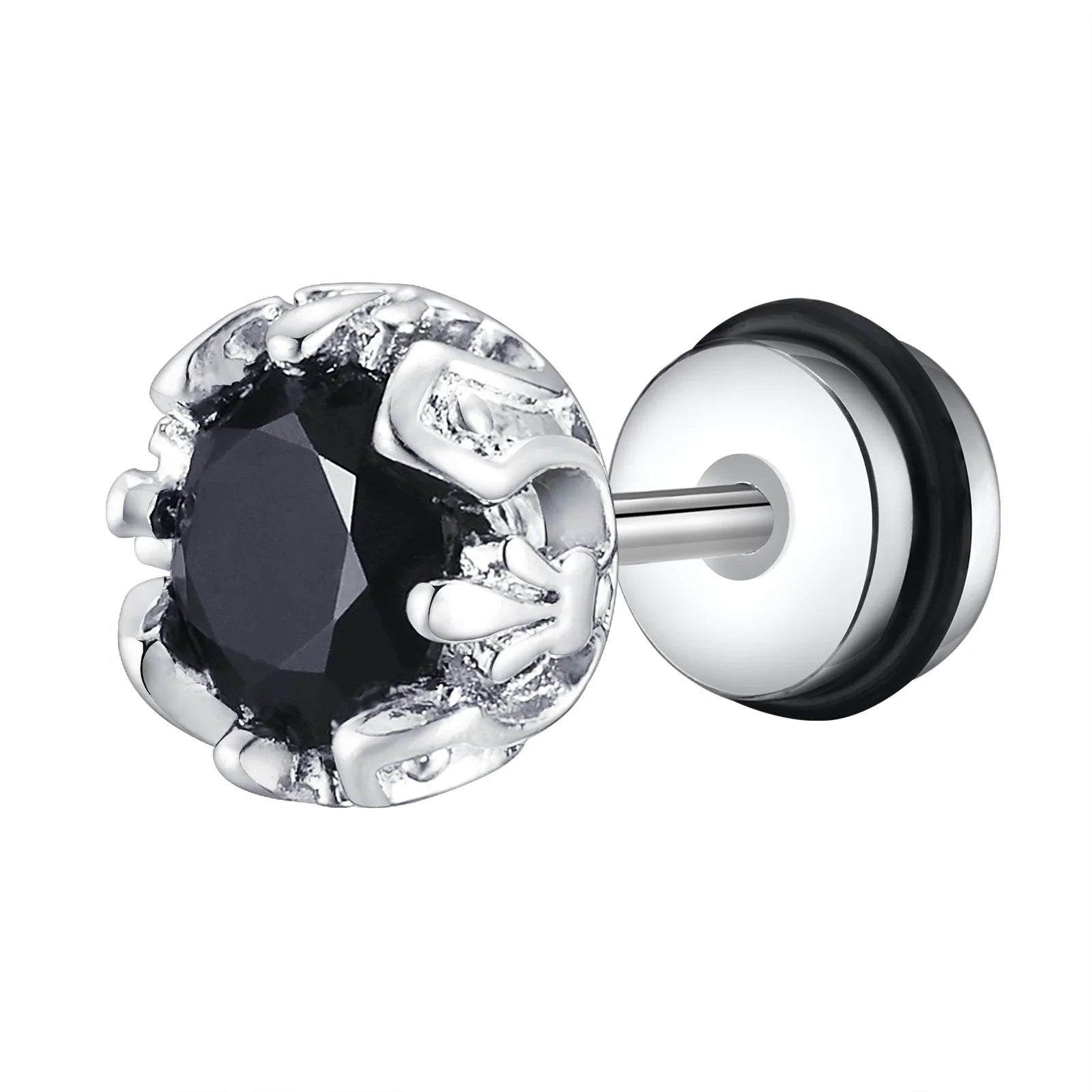 Unisex Black Onyx Screw Stud Earrings | Stainless Steel Retro Earrings for Men and Wom close-up view
