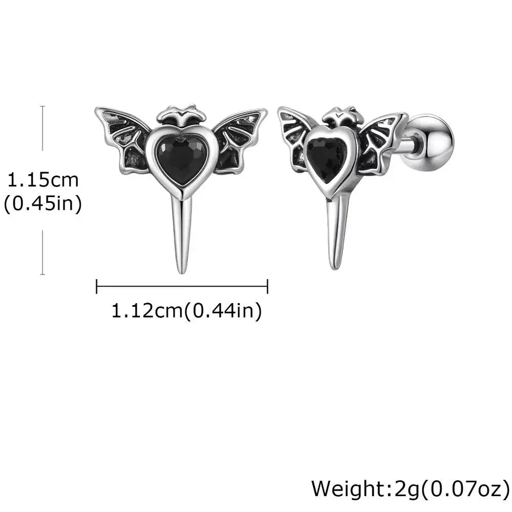 Stainless Steel Heart Zircon Wings Stud Earrings | Unisex Vintage Punk Gothic Jewelry alternate view
