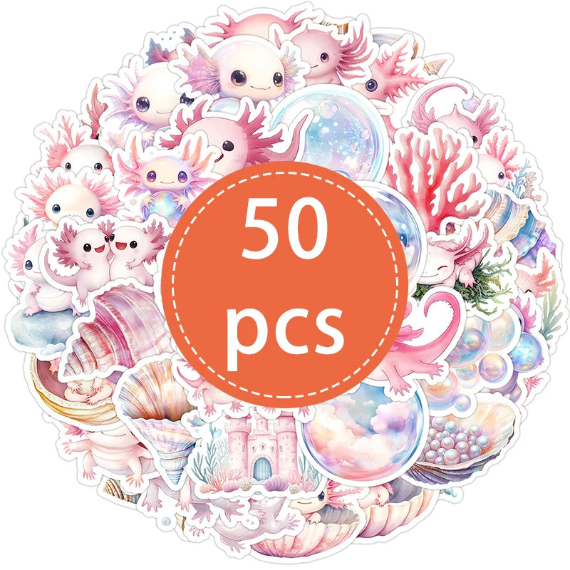 50PCS Pink Axolotl Stickers Cute Cartoon Salamander Stickers Waterproof Vinyl Animal alternate view