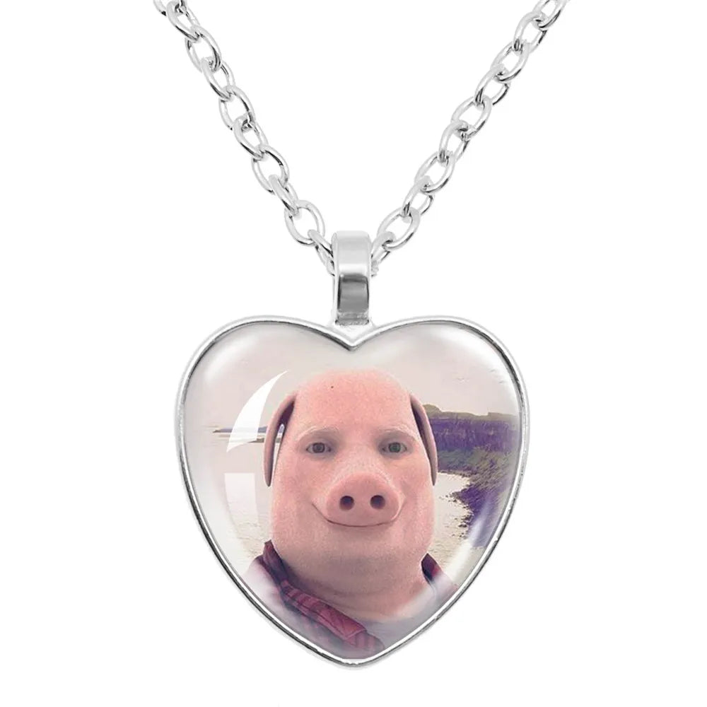 John Pork is Calling Answer Call Phone Humor Funny Pig Lover Graphic Glass Cabochon Heart-Shape Pendant Necklace Jewelry Gift
