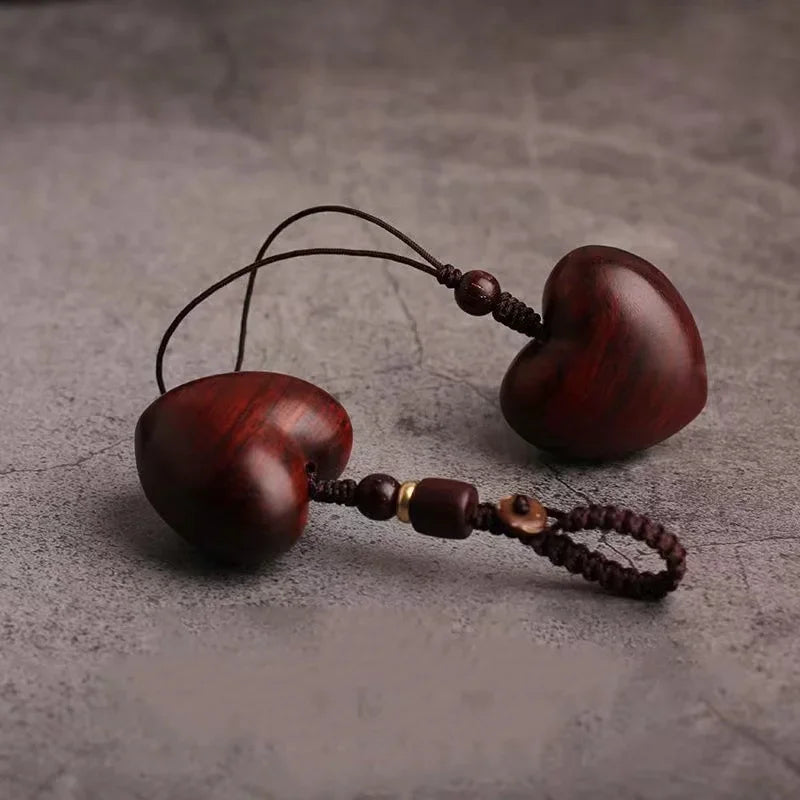 Creative Simple Rosewood Red Love Keychain | Hand-woven Solid Wood Phone Charm for Coupl detail view
