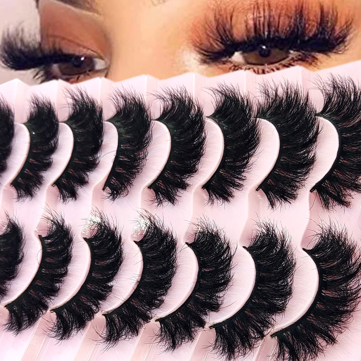 5-8 Pairs Natural Russian Striped Mink Lashes | 3D Volume Wavy False Eyelash Extension close-up view