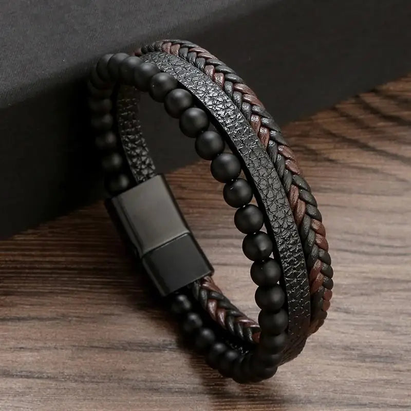 Classic Men's Leather Bracelet New Style Hand-woven Multi-layer Combination Accessory close-up view