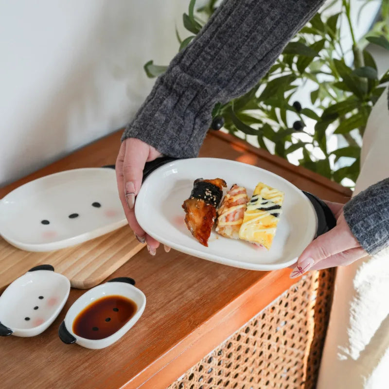 Cute Puppy Shaped Sushi Plate and Dipping Dish Set | 8 Inch Oval Ceramic Dinnerware lifestyle view