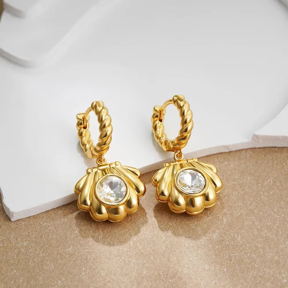 Vintage Gold Snail Shell Drop Earrings | CZ Zircon Beach Jewelry for Women alternate view