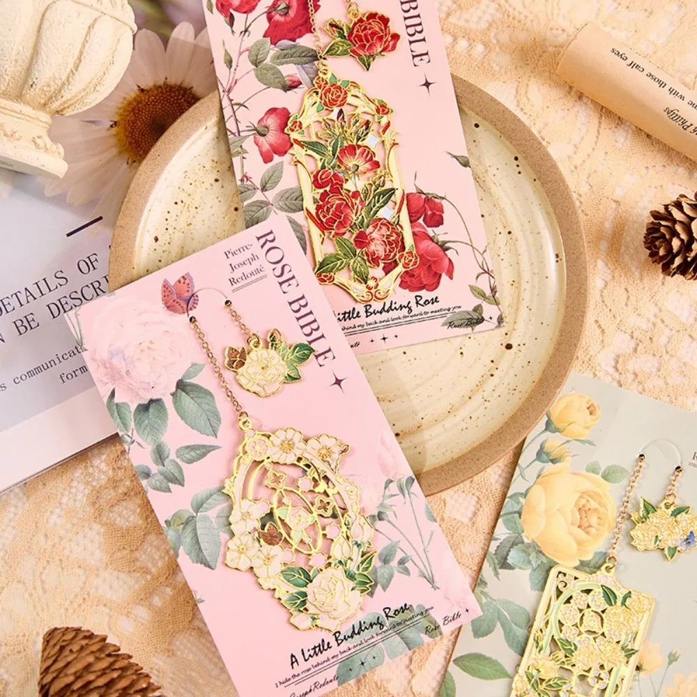Retro Metal Aesthetic Rose Bookmark Pendant Chinese Style Floral Painting Bookmark Stude detail view