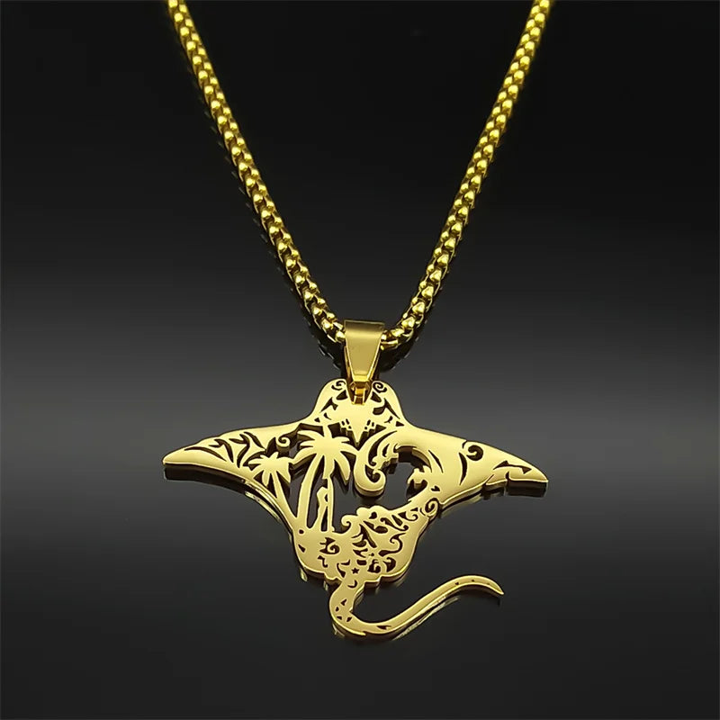 Manta Ray Sea Devil Fish Pendant Necklace | Stainless Steel Gold Silver Color Chain Jewe detail view