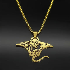Manta Ray Sea Devil Fish Pendant Necklace | Stainless Steel Gold Silver Color Chain Jewe detail view
