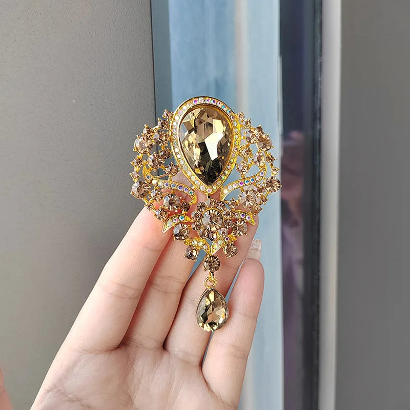 Retro Blue Crystal Big Waterdrop Pendant Brooch for Women Full of Rhinestone Brooch Pin Clothing Accessories Vintage Jewelry