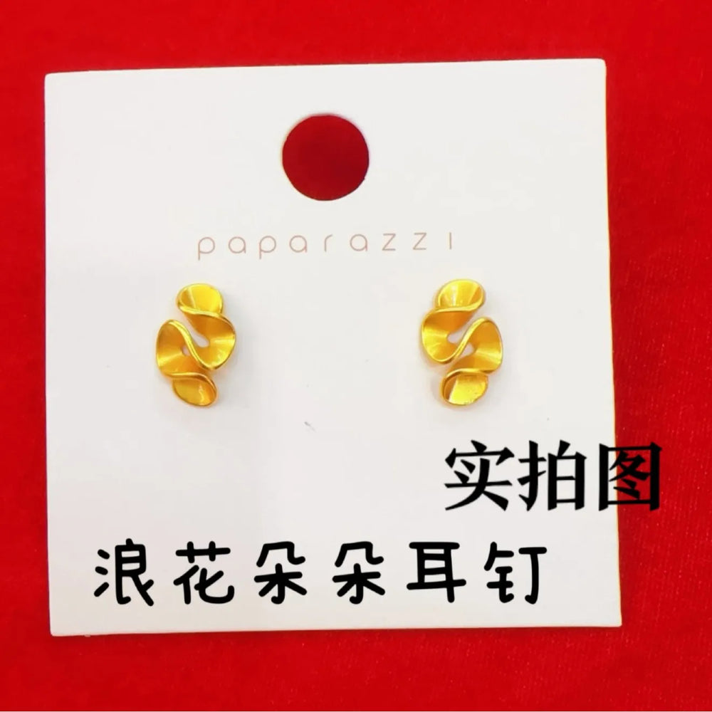 AU999 24K Gold Ruffled Lotus Leaf Earrings for Women | Elegant Floral Drop Earrings alternate view