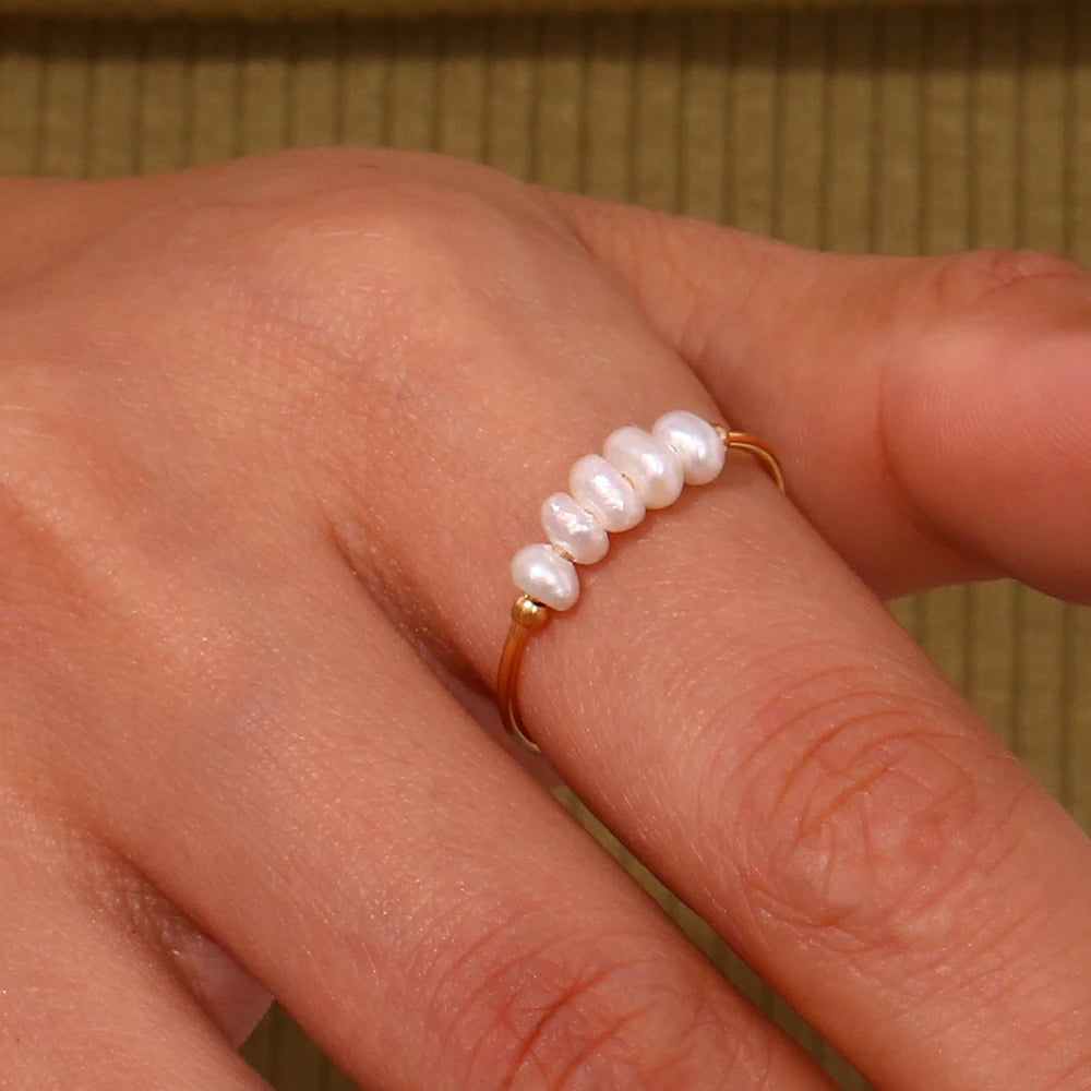 La. Muses Elegant Small Freshwater Pearl Stainless Steel Finger Rings Women Fashion D lifestyle view