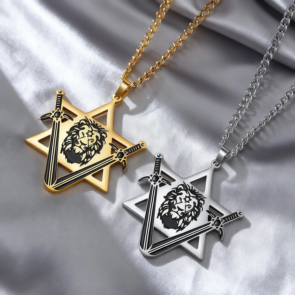 Dawapara Victory Swords Lion of Judah and Star of David Necklace | Judaica Protection Am detail view