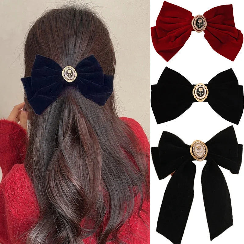 French Beautiful Barrette for Woman Black Elegant Velvet Ribbon Bowknot Party Hairpins Hair Accessories