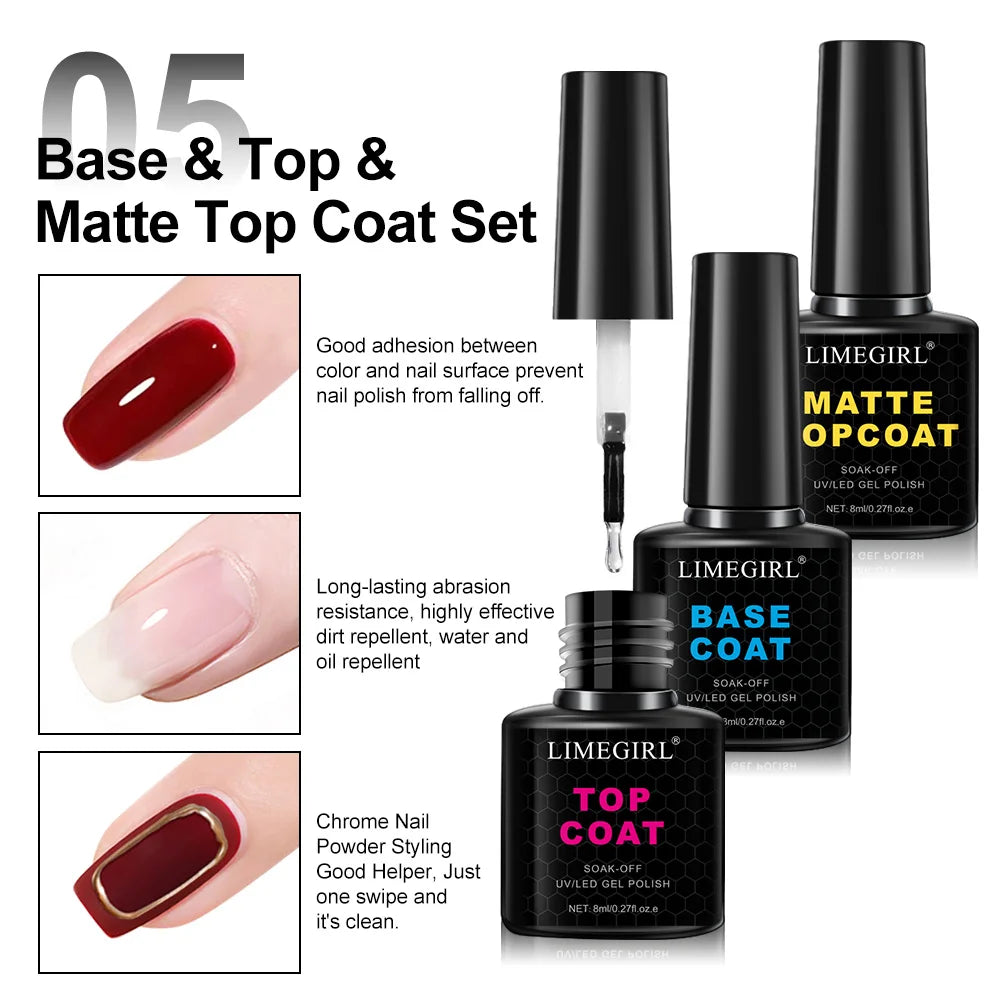 LIMEGIRL 8ml Soak Off Matte Top Base Coat for Nails UV Gel Polish Semi Permanent Func alternate view