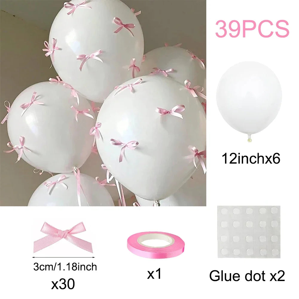 Bow Balloons Set White Balloon Mini Pink Ribbon Bows Girls Birthday Party