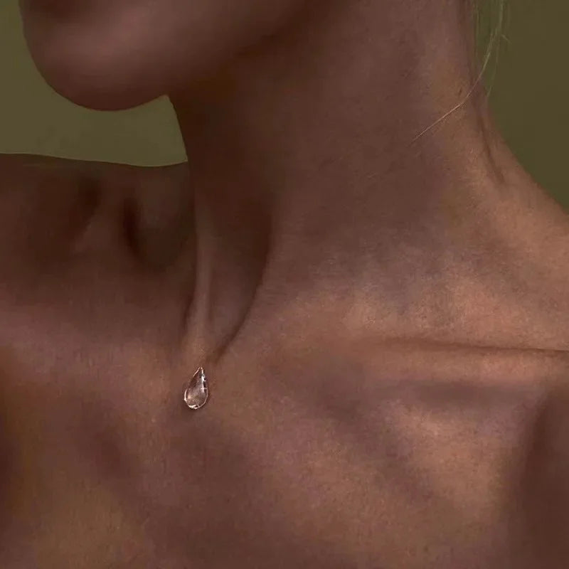 Simple Transparent Water Drop Clavicle Chain Thin Rope Beaded Tassel Earrings Neckl additional angle