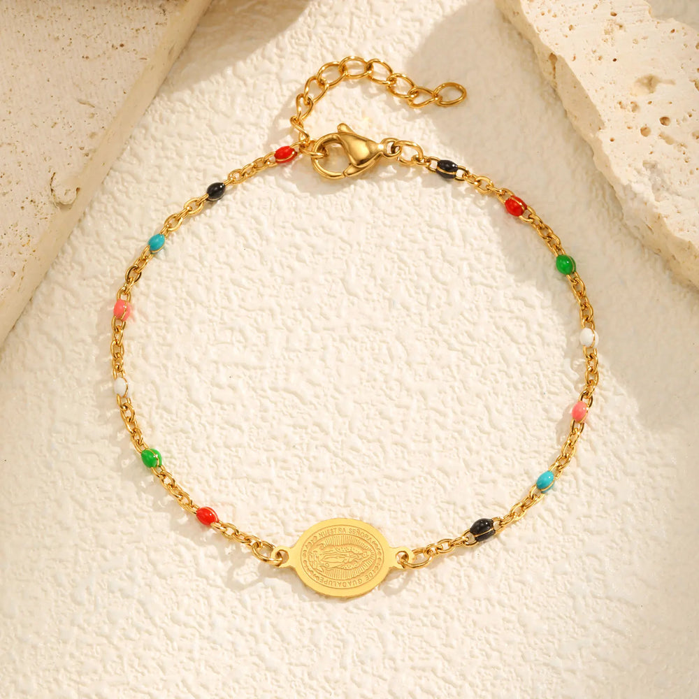 Bohemian Colored Virgin Oval Necklace | Gold Plated Stainless Steel Rosary Chain lifestyle view