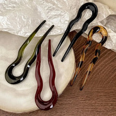U-Shaped French Twist Hair Stick Hair Clip Plastic Wavy Hairpins Vintage Green Tortois close-up view