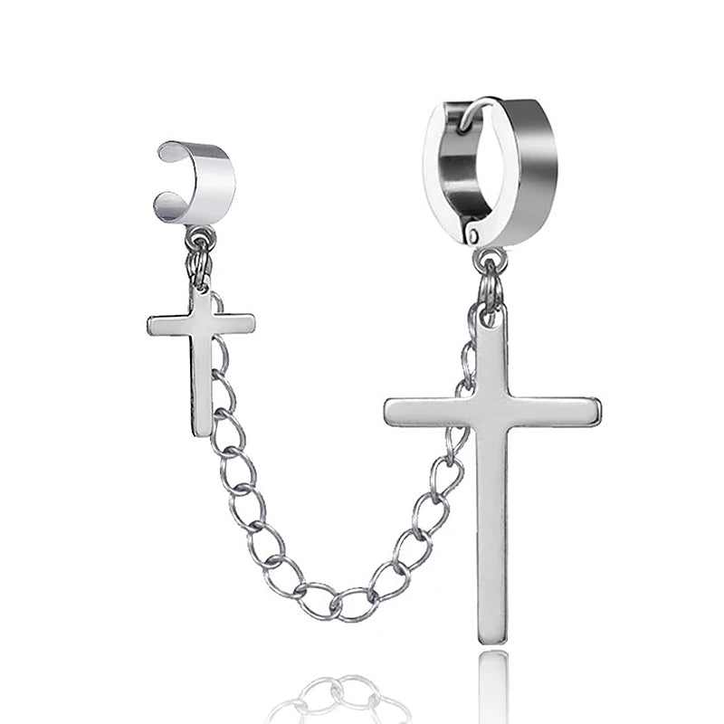 Punk Cross Pendant Clip Earring | Unisex Metal Chain Tassel Ear Cuff lifestyle view