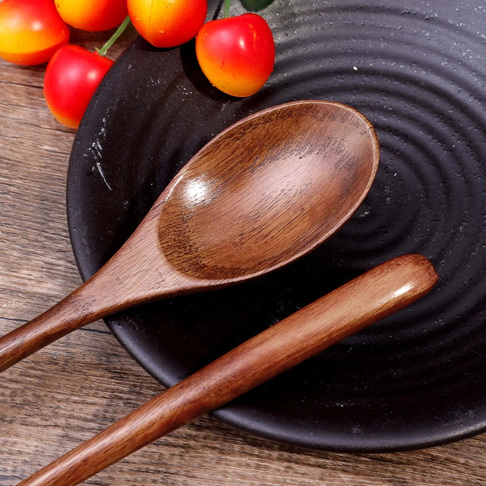 Long Handle Wooden Spoon Set | Natural Wood Soup Scoop for Cooking and Stirring close-up view