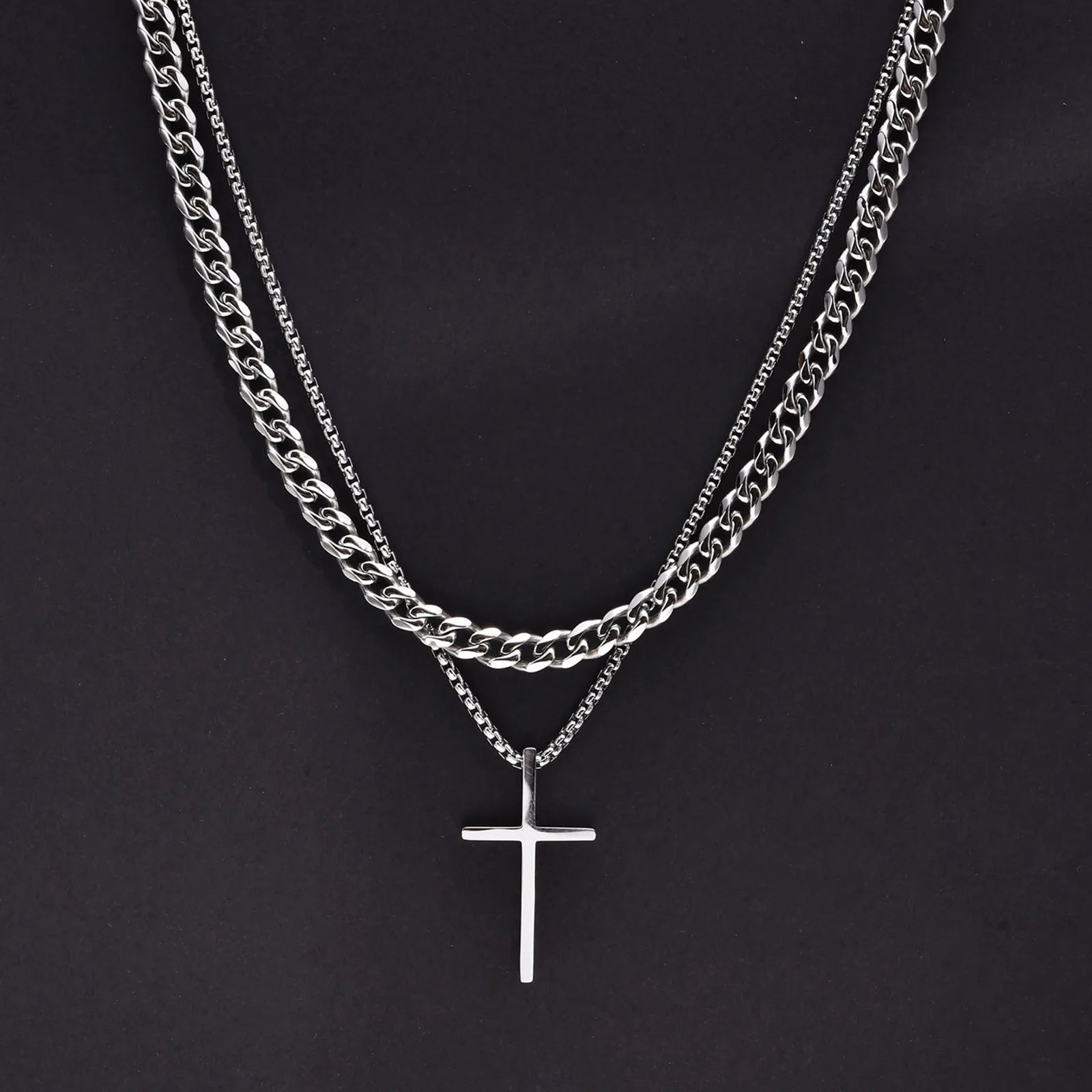 Men's Stainless Steel Layered Cross Necklace | Simple Prayer Pendant with Rope Box Ch alternate view