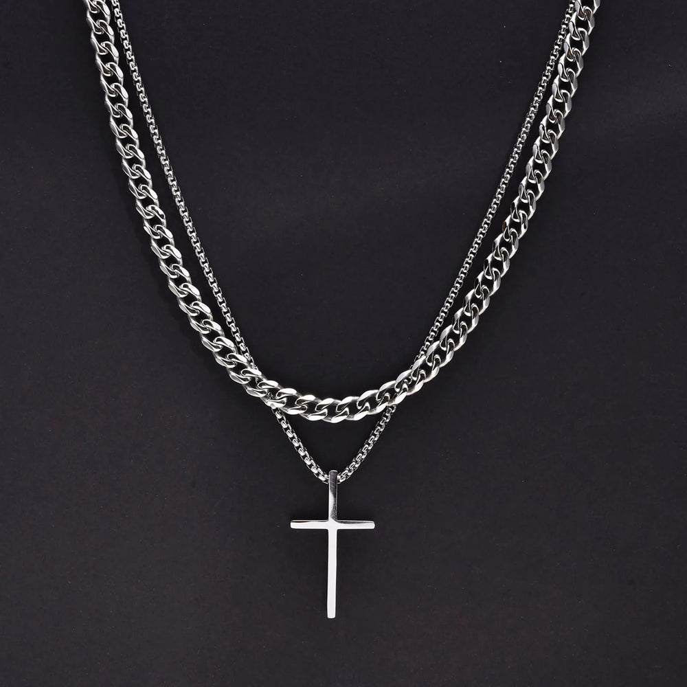 Men's Stainless Steel Layered Cross Necklace | Simple Prayer Pendant with Rope Box Ch alternate view