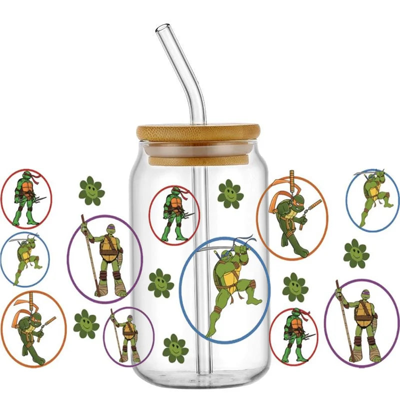 Cartoon Turtle Decal Stickers | Waterproof UV DTF Wrap for 16oz Libbey Glass additional angle