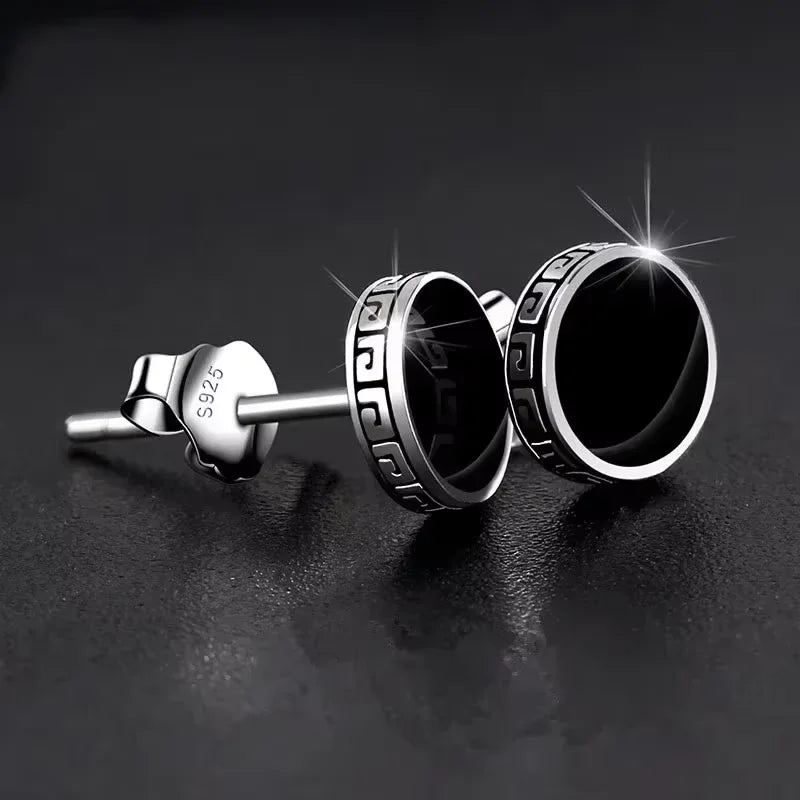 925 Silver Earrings Men Black Circle Single Simple Luxury Earring additional angle