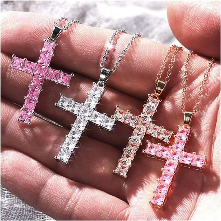 New Fashion Necklaces Female Pendants Gold Multi Color Crystal Jesus Cross Pendant For Women Necklac