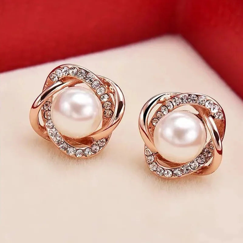 Upscale 14k Gold Jewelry Real Gold Earrings Zircon Pearl Twist Luxury Stud Earrings fo close-up view