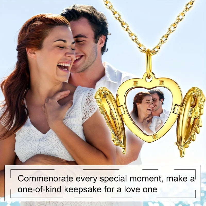 Custom Photo Pendant Necklace | Personalized Angel Wing Gift lifestyle view
