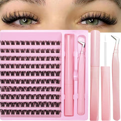 DIY Individual Lash Clusters Kit, Wispy D Curl False Eyelashes Complete Extension Set with Lash Bond Easy to Apply