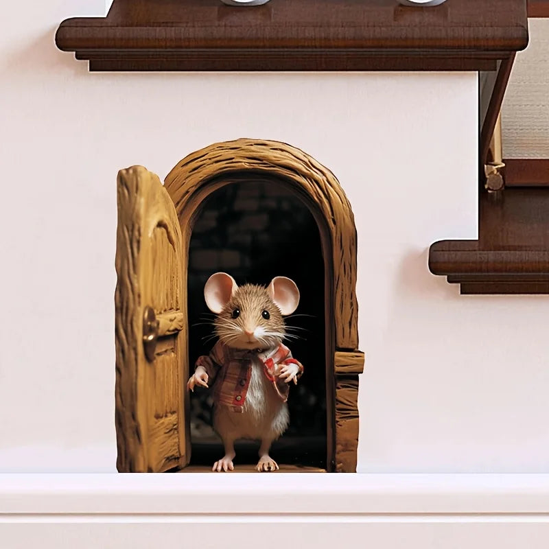 Whimsical 3D Mouse Hole Wall Decal | Adorable Red-Coated Mouse Peeking Design PVC Sticke detail view