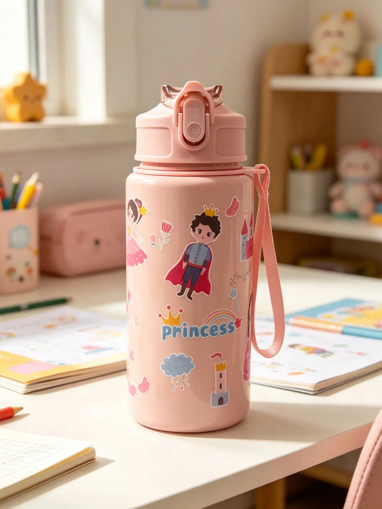 1 Piece 500ml (19 fl oz) Cartoon Printed Straw Cup, Summer Plastic Water Bottle, BP additional angle