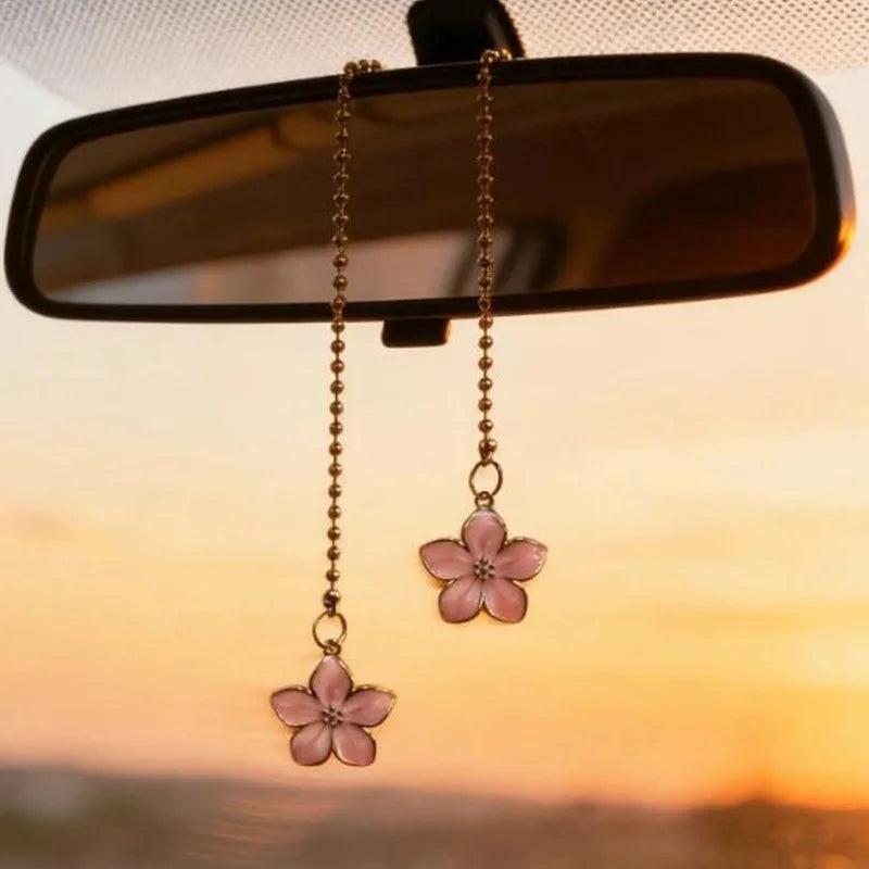 Pink Sakura Flower Rearview Mirror Pendant with Gold Chain additional angle