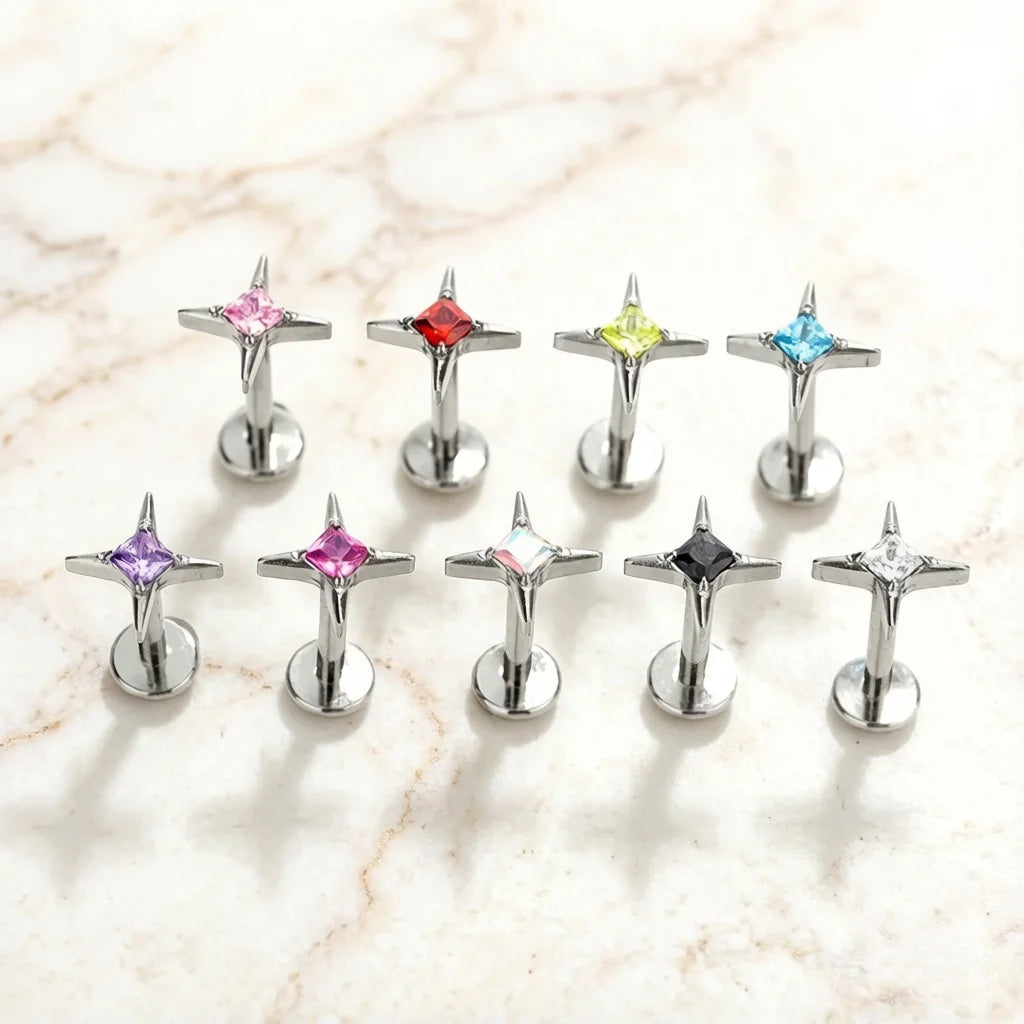 G23 Titanium 16G CZ Square Star Labret Tragus Helix Cartilage Flat Back Earring Nose Stud Medusa Pie