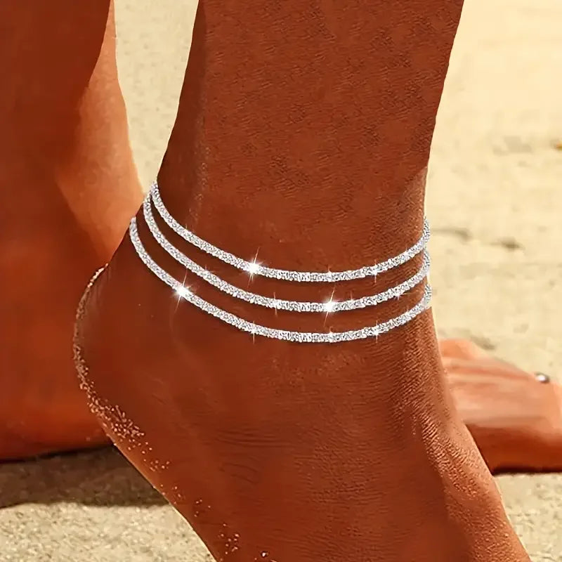 3pcs Simple Wave Glitter Anklet Set For Women Silver Color Sparkling Rhinestone Bracelet On Leg Trendy Summer Beach Jewelry 2024