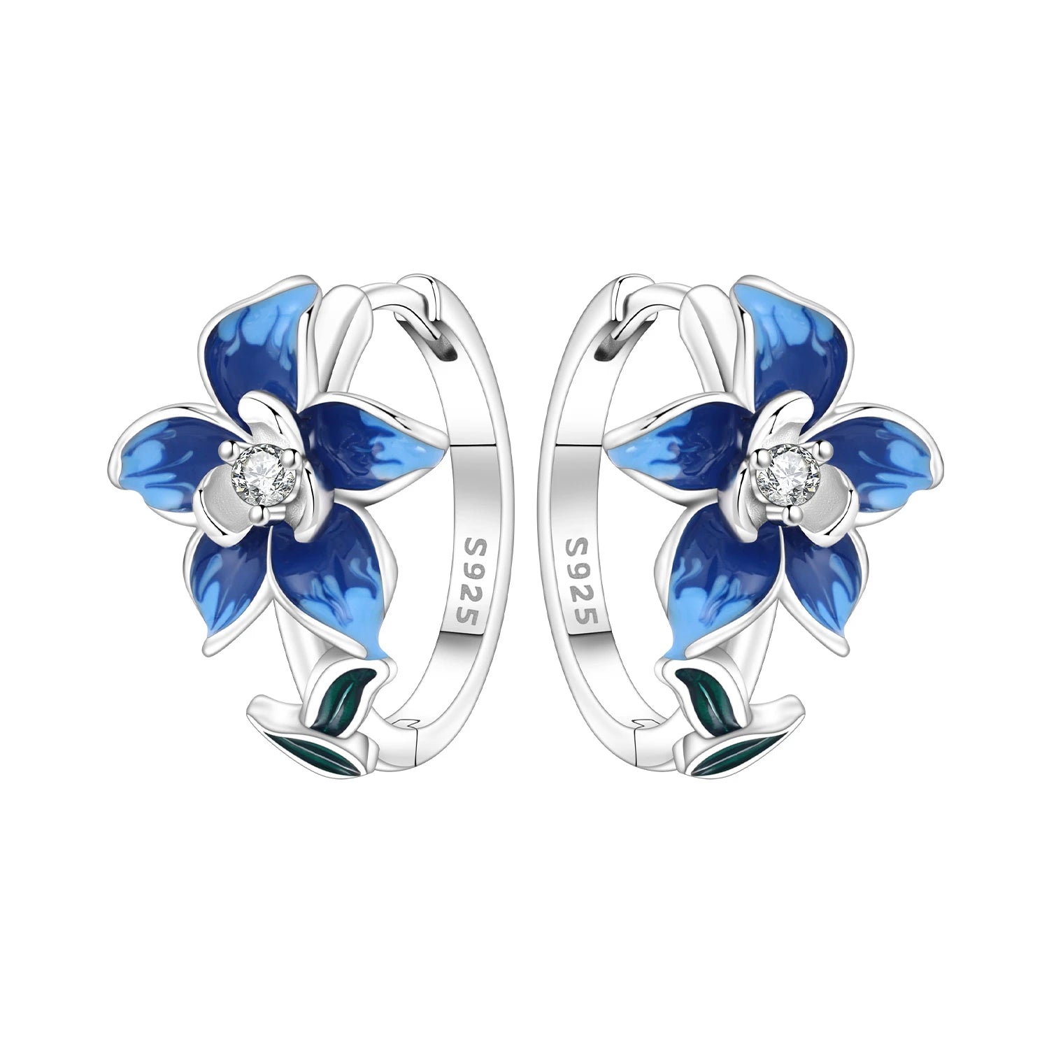 925 Sterling Silver Purple Flowers Plants Leaf Series Blue Iris Flower Earring Hoop E alternate view