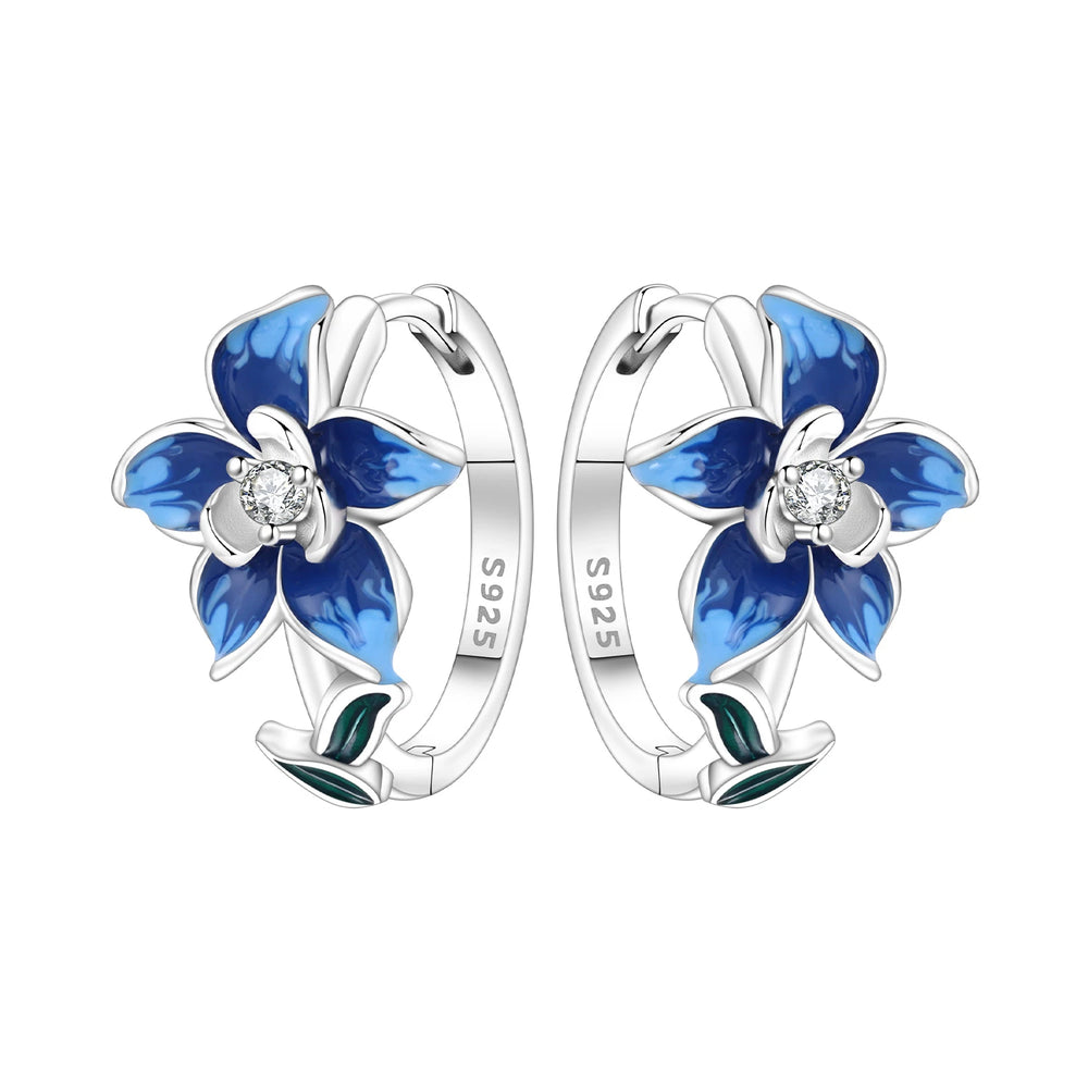 925 Sterling Silver Purple Flowers Plants Leaf Series Blue Iris Flower Earring Hoop E alternate view