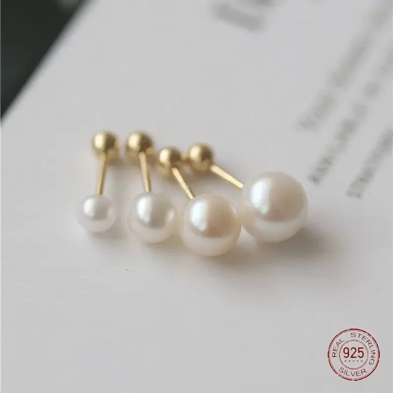 925 Sterling Silver Geometry Pearl Stud Earrings for Women Advanced Ornament Round Ball Earring Wedd