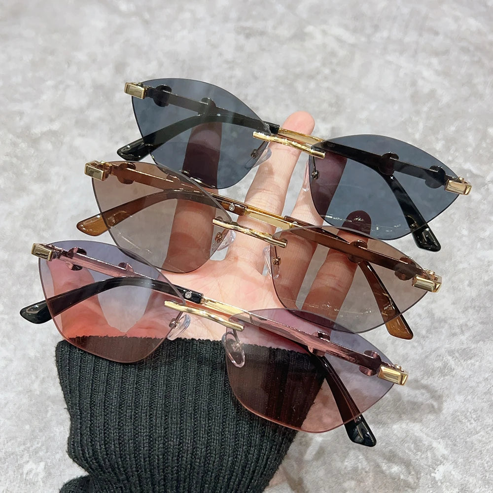 2026 Rimless Sunglasses for Men with Metal Chain Detail | Niche High-End UV Protection close-up view