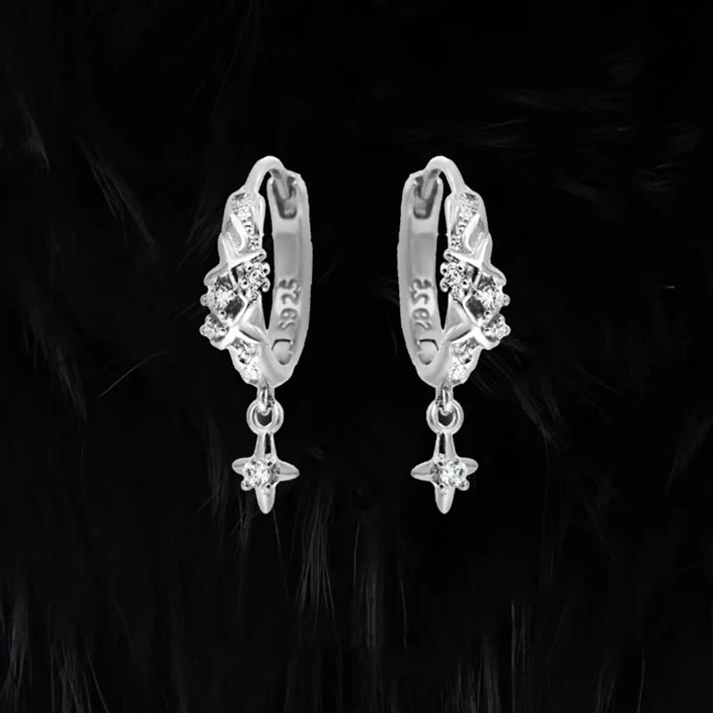 Metal Four Star Hoop Earrings for Women | Simple Zircon Geometric Circle Earrings close-up view