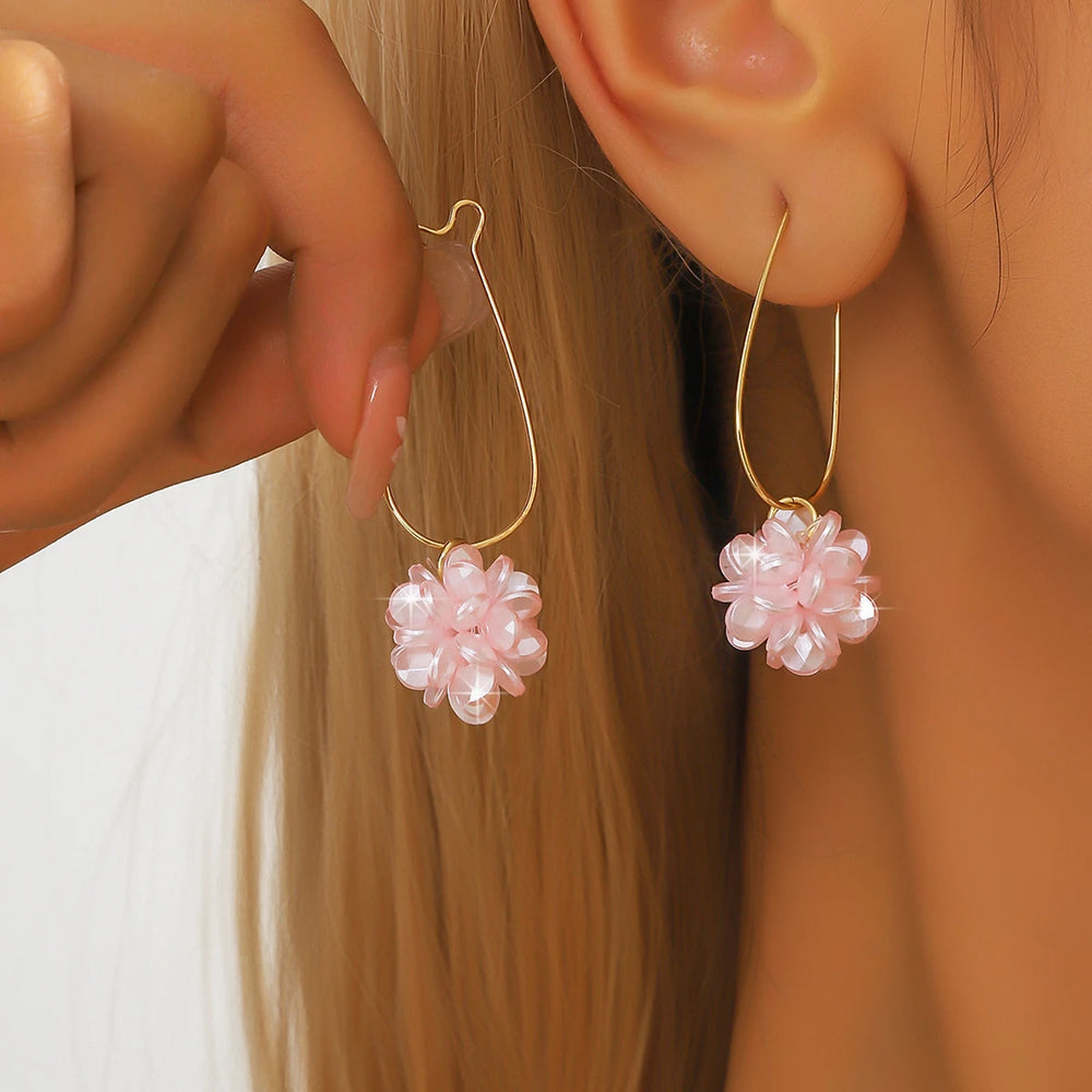2PC Women's Fashion Trend DIY Pearl Petal Ball Earrings Outdoor Travel Carnival Ban additional angle