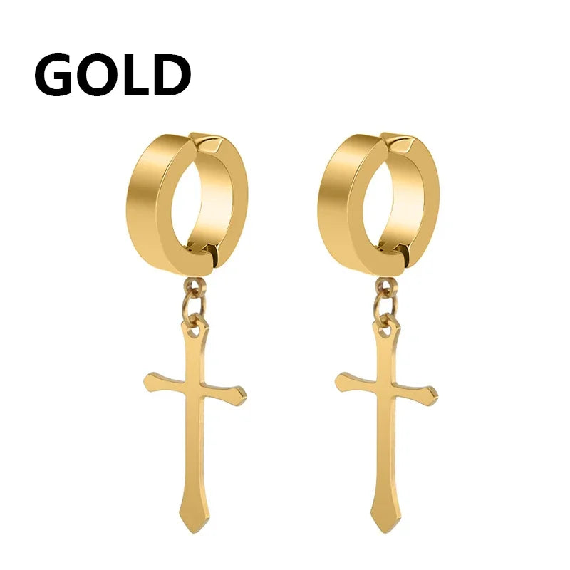 Stainless Steel Clip On Cross Earrings | Non Piercing Gothic Punk Jewelry for Men Women detail view