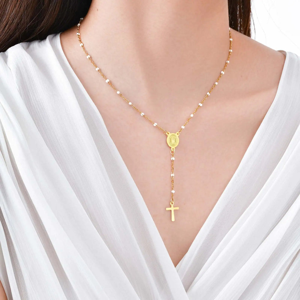 Stainless Steel Rosary Virgin Cross Drop Y-shaped Necklace,Women's White Rice Bead Chain Prayer Neck