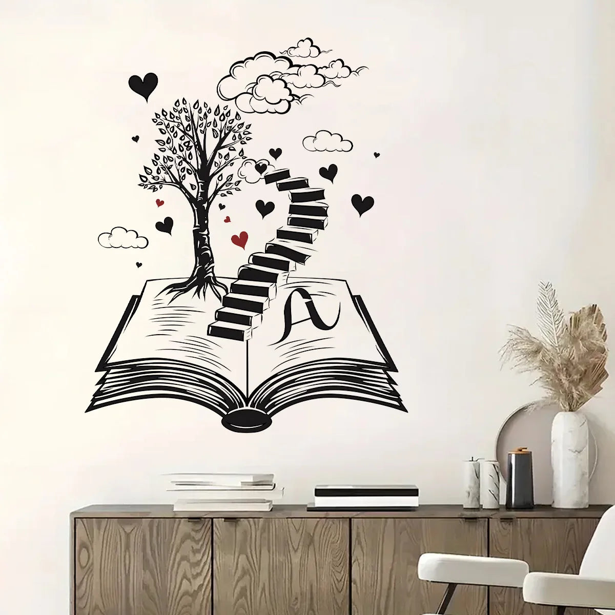 Wall Stickers for Living Room Bedroom | Creative Black Heart Book World Ladder Tree W alternate view