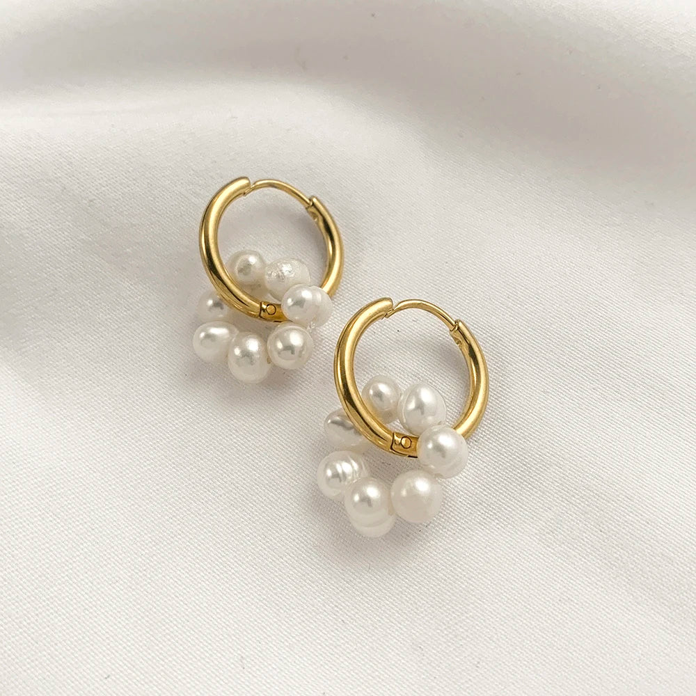 Trendy Asymmetry Pearl Drop Earrings | Stainless Steel Huggie Hoops for Women alternate view