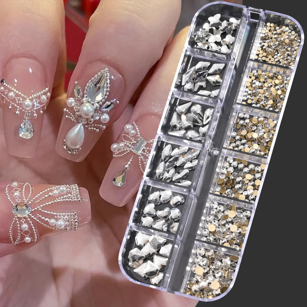 12Grids Pink Mixed Nail Rhinestones Luxury Nail Charms Glitter Crystal Jewelry Gems Na close-up view