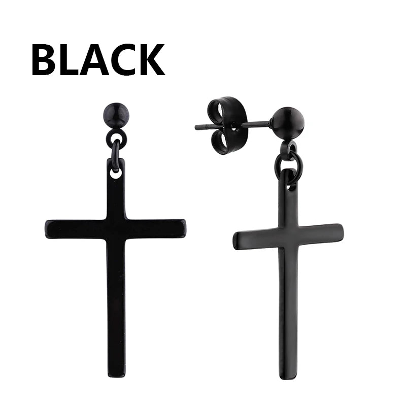 2pc Stainless Steel Men Cross Stars Punk Dangle Earrings Gothic Woman Cross Ear Hoop lifestyle view