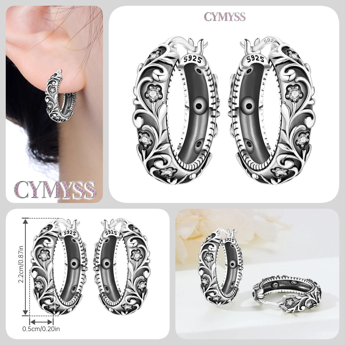 925 Sterling Silver Purple Flowers Plants Leaf Series Blue Iris Flower Earring Hoop additional angle